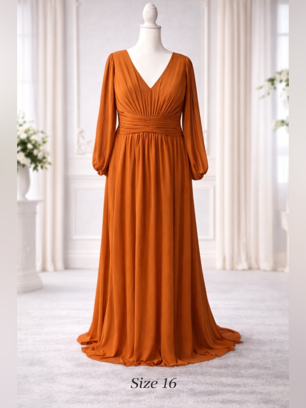 V-Neck Long Sleeve Orange Maxi Dress